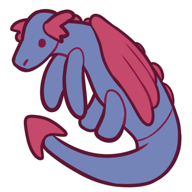 a plush blue and red dragon. the image is pink-toned